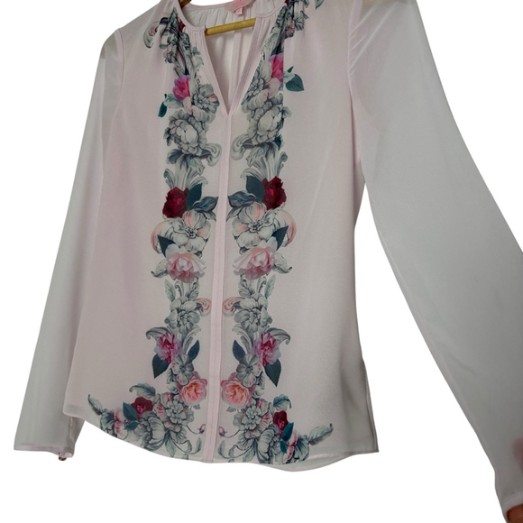 Ted Baker Women's Blouse Size 0 Floral Pink Chiffon Long Sleeve Top Chic - Picture 7 of 9